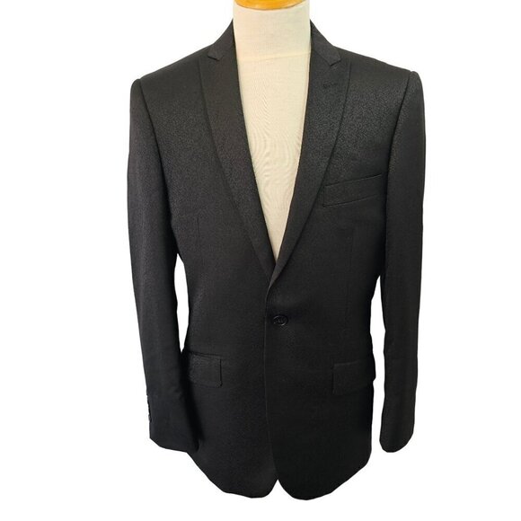 PortoFilo Black Brocade 1 Btn Sport Coat Mens 36 Single Vent Poly Viscose Blend - Picture 2 of 12